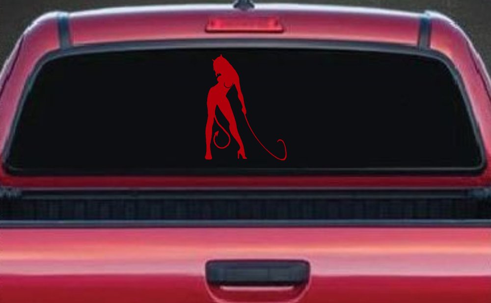 Devil Girl With Whip Car or Truck Window Decal Sticker (Red)
