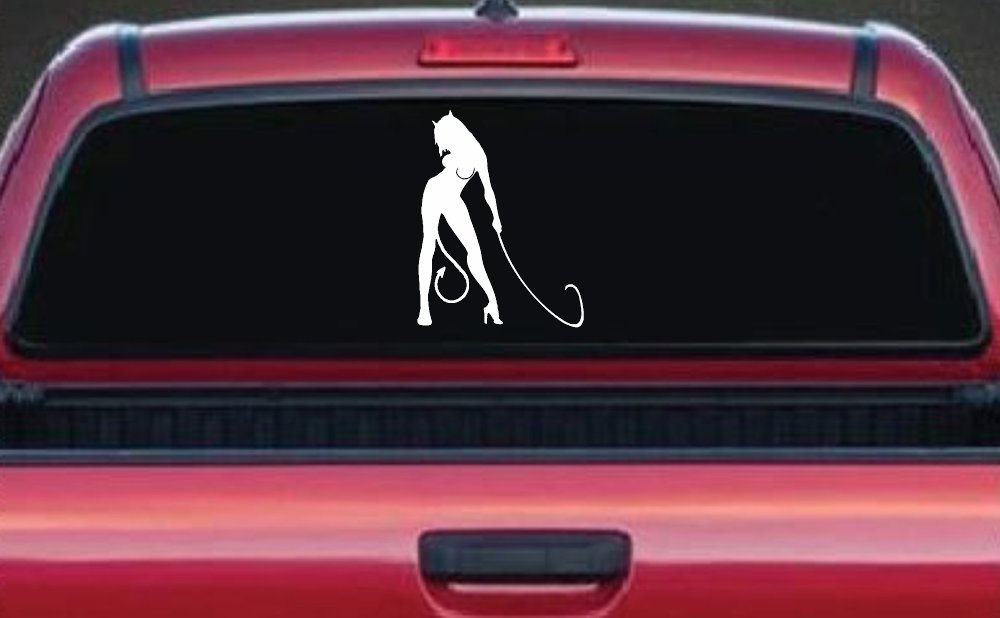 Devil Girl With Whip Car or Truck Window Decal Sticker (White)