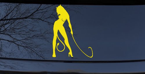 Devil Girl With Whip Car or Truck Window Decal Sticker (Yellow)