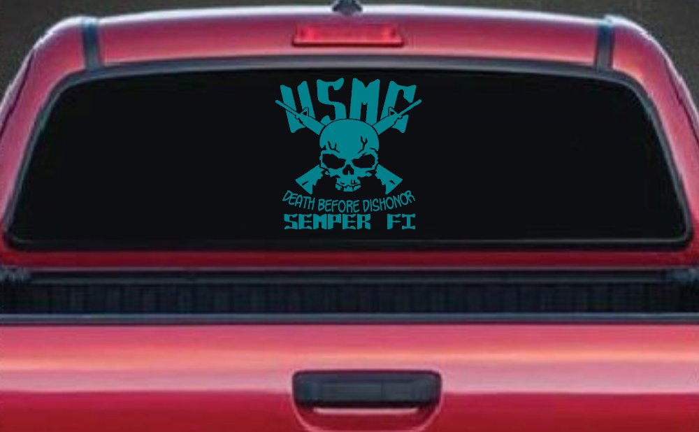 USMC Death Before Dishonor Semper Fi Military Car or Truck Window Decal Sticker (Turquoise Blue)