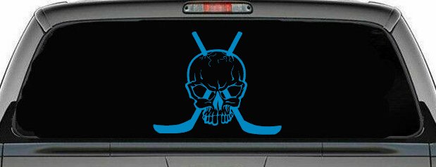 Hockey Skull Crossed Sticks Sports Car or Truck Window Decal Sticker (Blue)