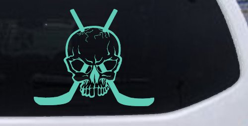 Hockey Skull Crossed Sticks Sports Car or Truck Window Decal Sticker (Mint)