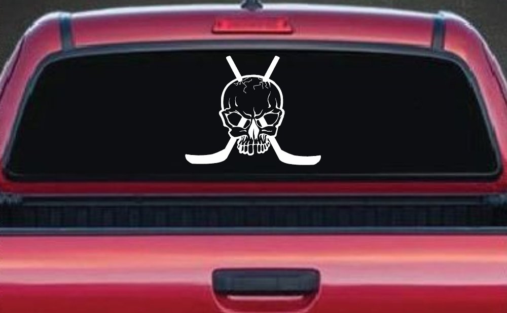 Hockey Skull Crossed Sticks Sports Car or Truck Window Vinyl Decal Sticker (White)