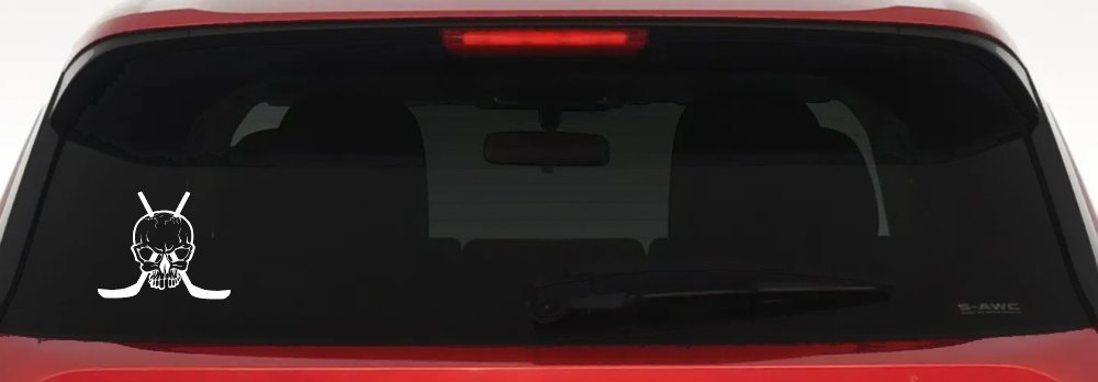 Hockey Skull Crossed Sticks Sports Car or Truck Window Vinyl Decal Sticker (White)