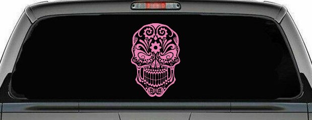 Tattoo Sugar Skull Swirl Skulls Car or Truck Window Decal Sticker (Pink)