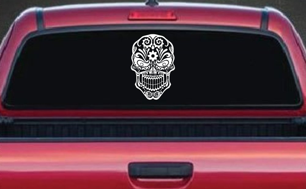 Tattoo Sugar Skull Swirl Skulls Car or Truck Window Decal Sticker (White)