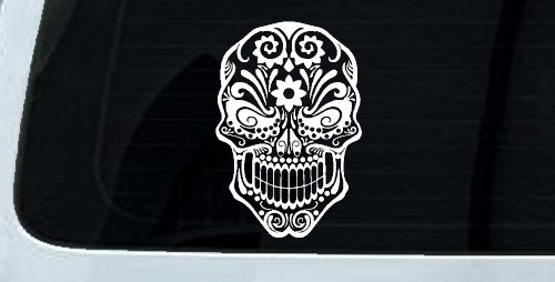 Tattoo Sugar Skull Swirl Skulls Car or Truck Window Decal Sticker (White)