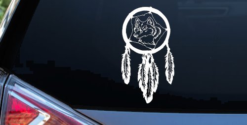 Dreamcatcher With Wolfs Head Native American Indian Dream Catcher Car or Truck Window Vinyl Decal Sticker (White)