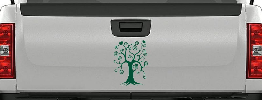 Swirl Tree With Birds Swirls Car or Truck Window Decal Sticker (Dark Green)