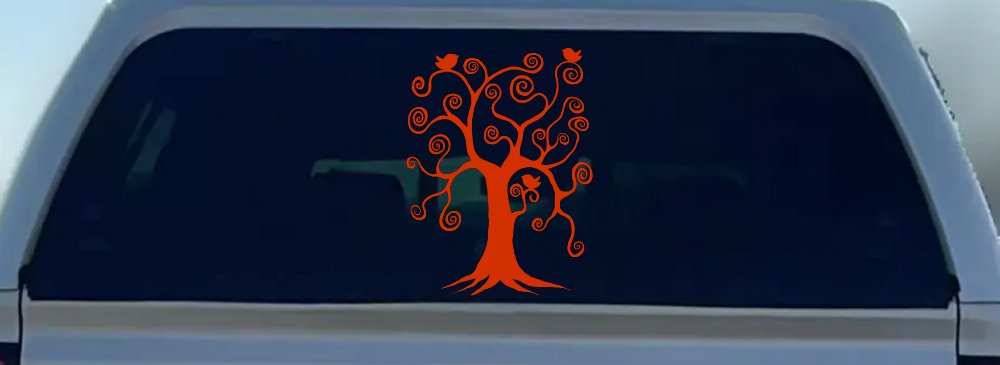 Swirl Tree With Birds Swirls Car or Truck Window Decal Sticker (Orange Red)