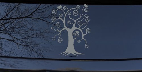 Swirl Tree With Birds Swirls Car or Truck Window Decal Sticker (Telegrey)