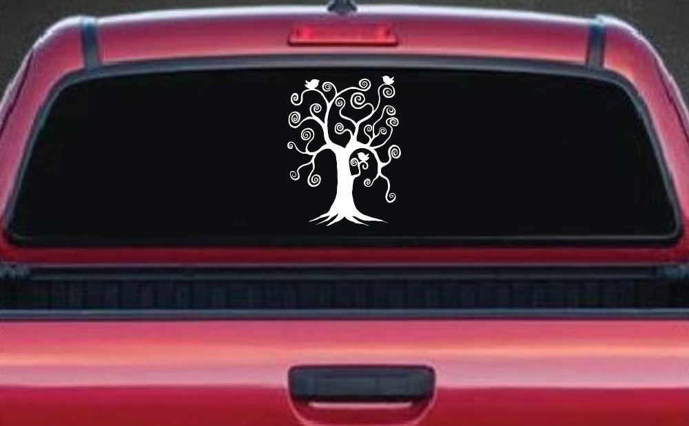 Swirl Tree With Birds Swirls Car or Truck Window Vinyl Decal Sticker (White)