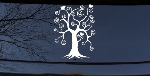 Swirl Tree With Birds Swirls Car or Truck Window Decal Sticker (White)