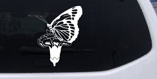 Butterfly On Small Flower Butterflies Car or Truck Window Decal Sticker (White)
