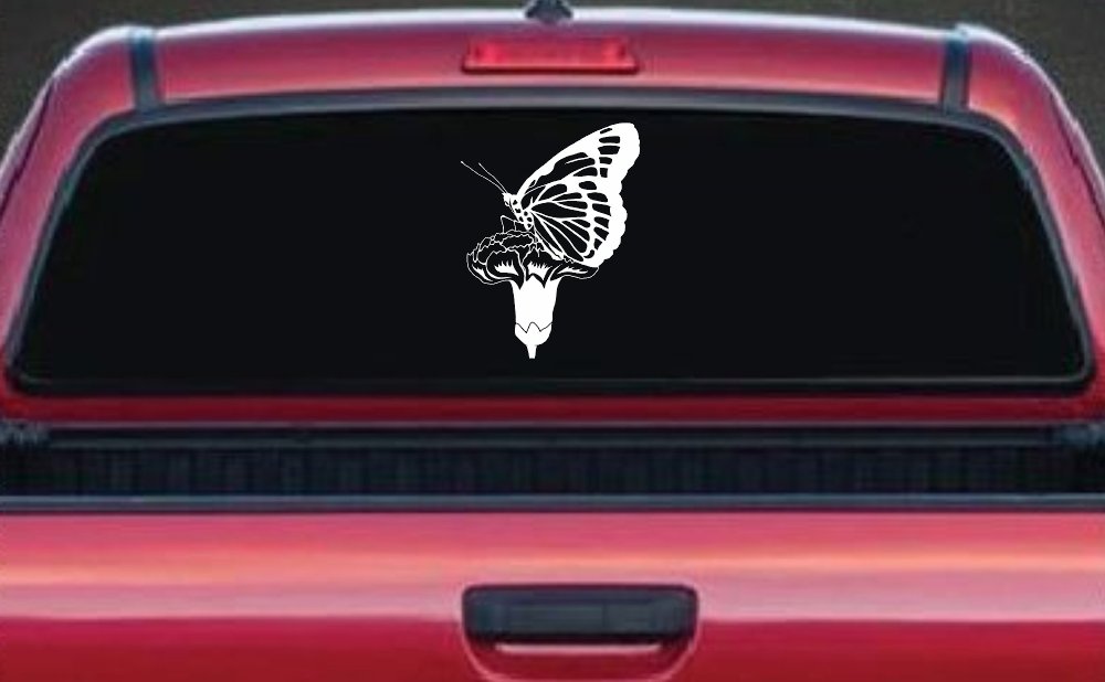 Butterfly On Small Flower Butterflies Car or Truck Window Decal Sticker (White)