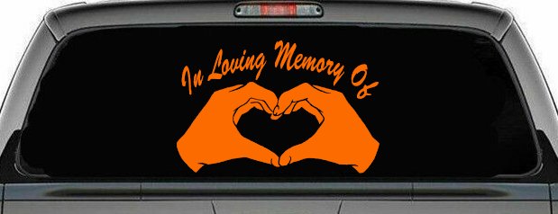In Loving Memory Of Hands In Shape Of Heart Car or Truck Window Decal Sticker (Orange)
