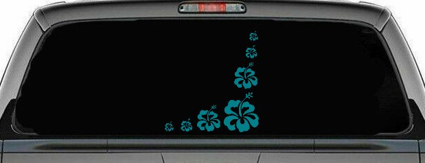 Hibiscus Flower Corner Car or Truck Window Vinyl Decal Sticker (Turquoise Blue)