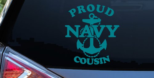 Proud Navy Cousin Military Car or Truck Window Vinyl Decal Sticker (Turquoise Blue)
