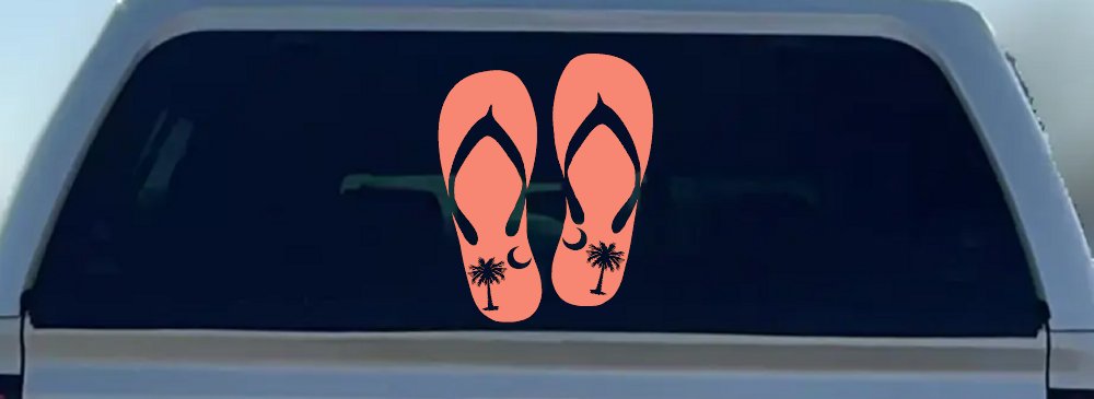 Palmetto Palm Tree And Moon Flip Flops Car or Truck Window Decal Sticker (Coral)