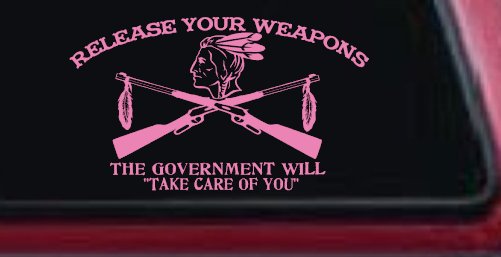 Native American Indian Release Your Weapons Guns 2nd Amendment Car or Truck Window Decal Sticker (Pink)
