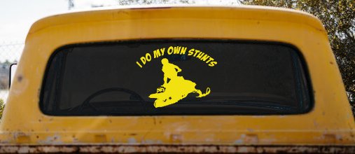 I Do My Own Stunts Snowmobile Moto Sports Car or Truck Window Decal Sticker (Yellow)