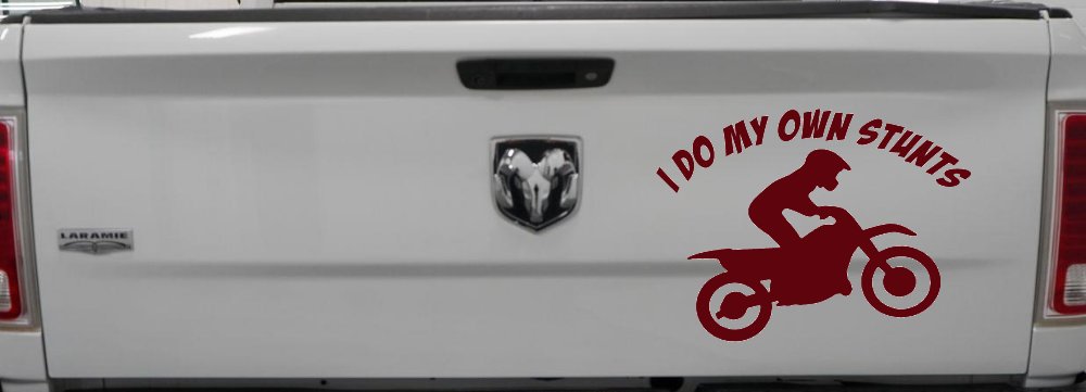 I Do My Own Stunts Dirt Bike Moto Sports Car or Truck Window Decal Sticker (Purple Red)