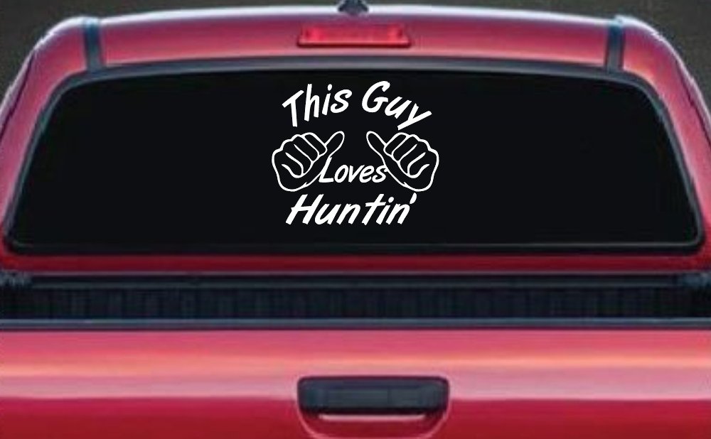 This Guy Loves Hunting Car or Truck Window Vinyl Decal Sticker (White)