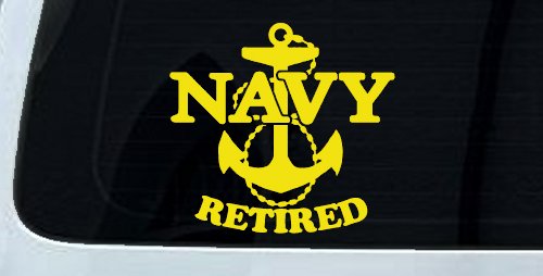 Navy Retired With Anchor Military Car or Truck Window Decal Sticker (Yellow)