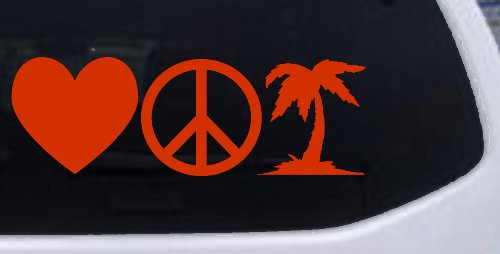 Love Peace and Palm Tree Car or Truck Window Decal Sticker (Orange Red)