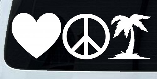 Love Peace and Palm Tree Car or Truck Window Decal Sticker (White)