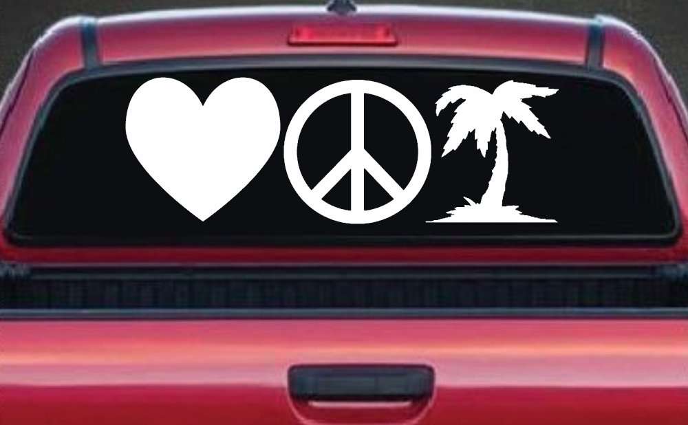 Love Peace and Palm Tree Car or Truck Window Vinyl Decal Sticker (White)