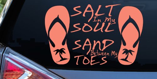 Salt In My Soul Sand Between My Toes Flip Flops Palm Tree Car or Truck Window Decal Sticker (Coral)