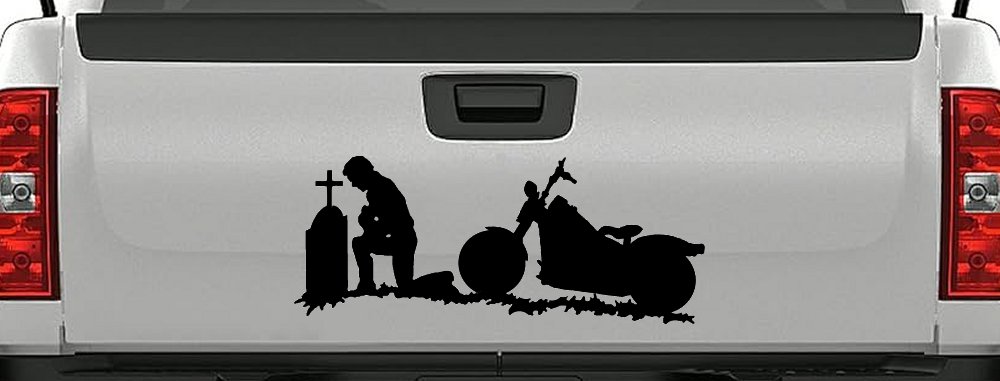 Biker Kneeling At The Cross with Motorcycle Car or Truck Window Decal Sticker (Black)