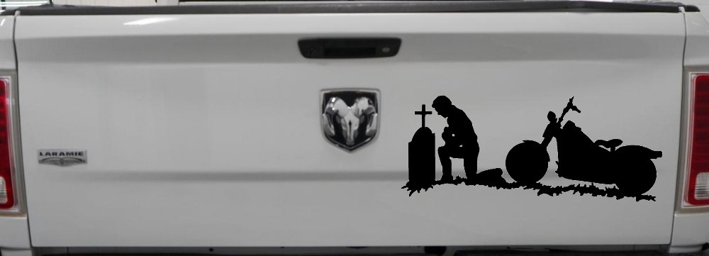 Biker Kneeling At The Cross with Motorcycle Car or Truck Window Decal Sticker (Black)