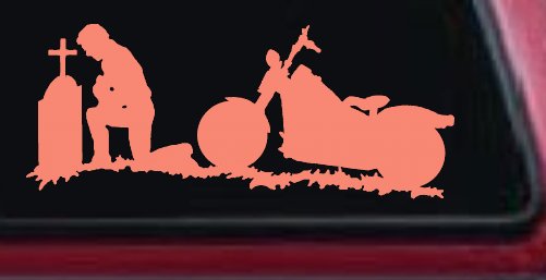 Biker Kneeling At The Cross with Motorcycle Car or Truck Window Decal Sticker (Coral)