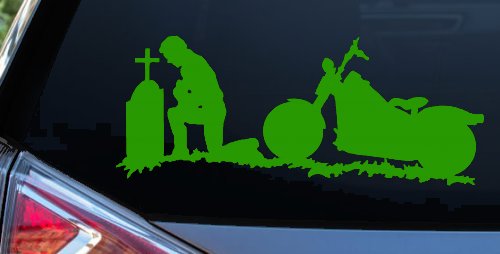Biker Kneeling At The Cross with Motorcycle Car or Truck Window Decal Sticker (Lime)