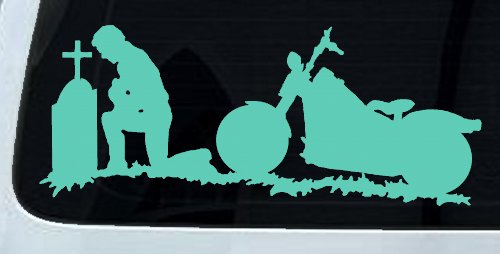 Biker Kneeling At The Cross with Motorcycle Car or Truck Window Decal Sticker (Mint)