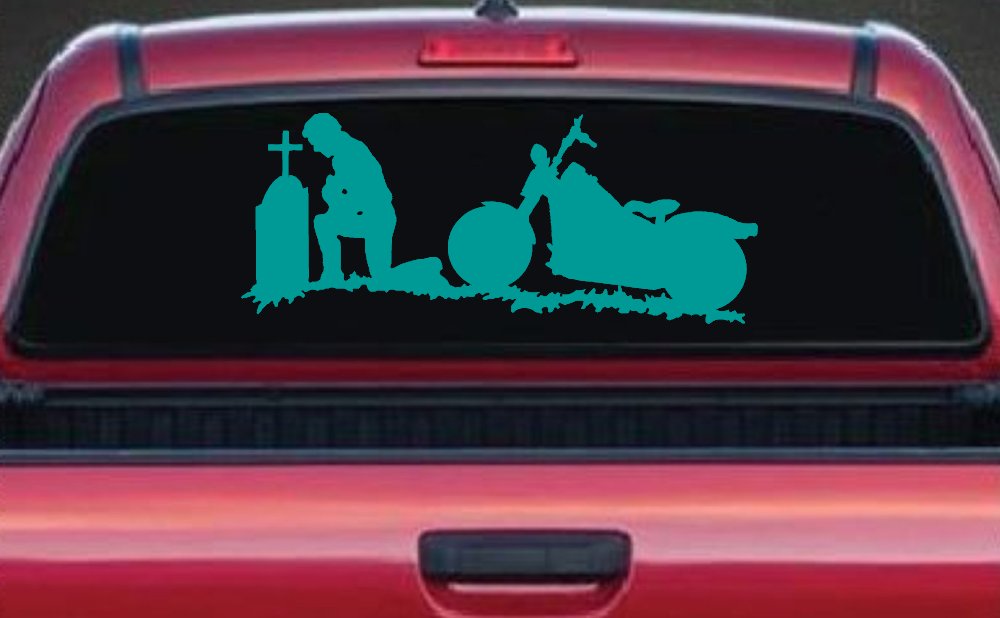 Biker Kneeling At The Cross with Motorcycle Car or Truck Window Decal Sticker (Turquoise)