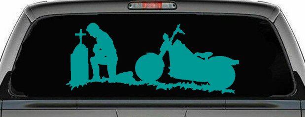 Biker Kneeling At The Cross with Motorcycle Car or Truck Window Decal Sticker (Turquoise)