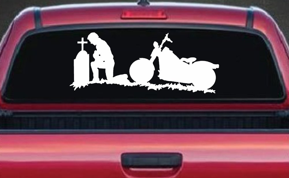 Biker Kneeling At The Cross with Motorcycle Car or Truck Window Decal Sticker
