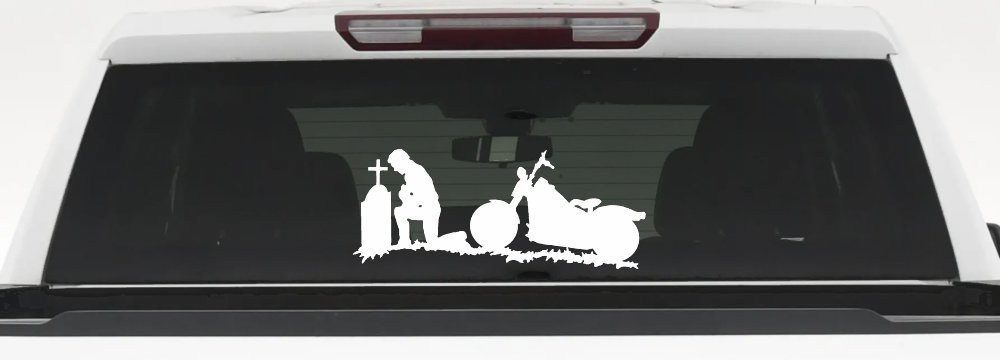 Biker Kneeling At The Cross with Motorcycle Car or Truck Window Decal Sticker
