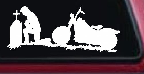Biker Kneeling At The Cross with Motorcycle Car or Truck Window Decal Sticker (White)