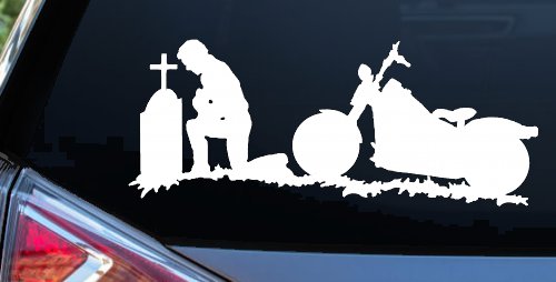 Biker Kneeling At The Cross with Motorcycle Car or Truck Window Vinyl Decal Sticker (White)