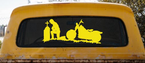 Biker Kneeling At The Cross with Motorcycle Car or Truck Window Vinyl Decal Sticker (Yellow)