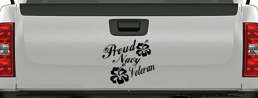Proud Navy Veteran Hibiscus Flowers Military Car or Truck Window Vinyl Decal Sticker (Black)