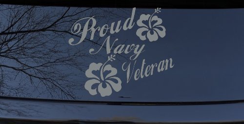 Proud Navy Veteran Hibiscus Flowers Military Car or Truck Window Decal Sticker (Telegrey)
