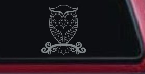 Cute Owl On Small Swirl Tree Limb Car or Truck Window Decal Sticker (Telegrey)