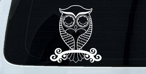 Cute Owl On Small Swirl Tree Limb Car or Truck Window Vinyl Decal Sticker (White)