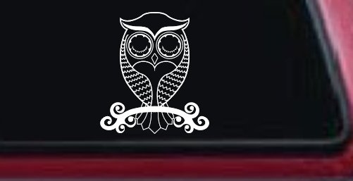 Cute Owl On Small Swirl Tree Limb Car or Truck Window Vinyl Decal Sticker (White)