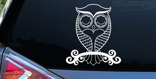 Cute Owl On Small Swirl Tree Limb Car or Truck Window Decal Sticker (White)